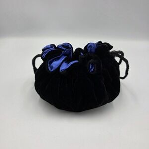 Black Velvet & Blue Satin Drawstring Pouch Handbag Purse Victorian Cottage Core